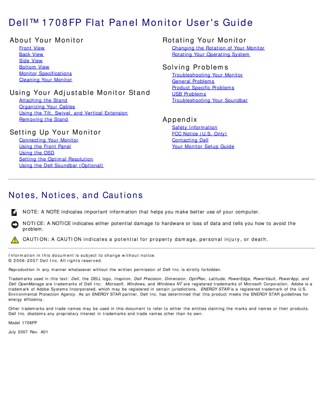 Dell appendix Dell 1708FP Flat Panel Monitor Users Guide 