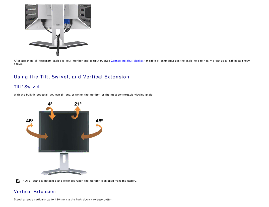 Dell 1708FP appendix Using the Tilt, Swivel, and Vertical Extension, Tilt/Swivel 