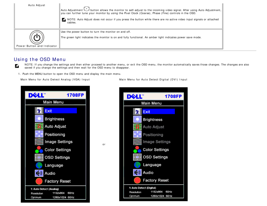 Dell 1708FP appendix Using the OSD Menu, Auto Adjust Power Button and Indicator 