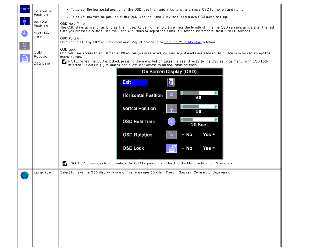 Dell 1708FP appendix Horizontal Position Vertical Position OSD Hold Time, OSD Lock Language 