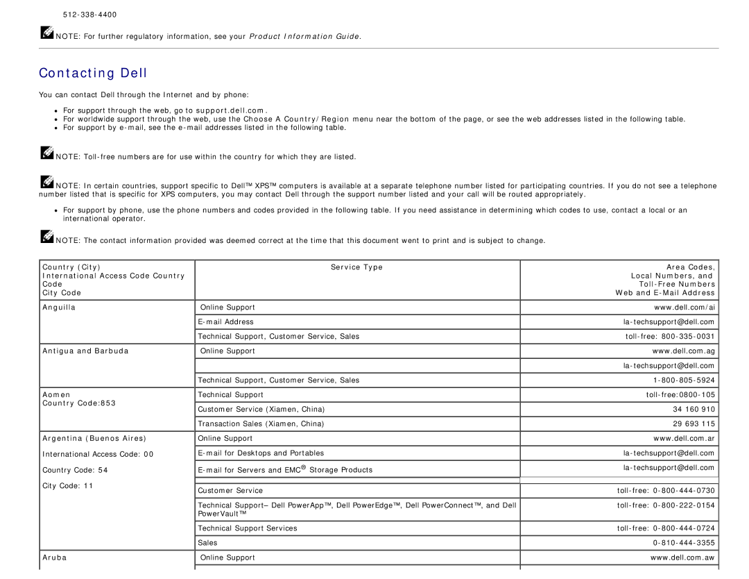 Dell 1708FP appendix Contacting Dell 