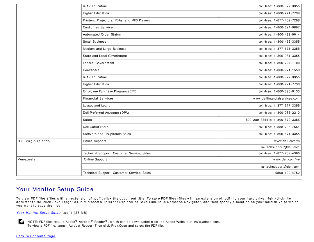 Dell 1708FP appendix Your Monitor Setup Guide, Financial Services, Virgin Islands, Venezuela 