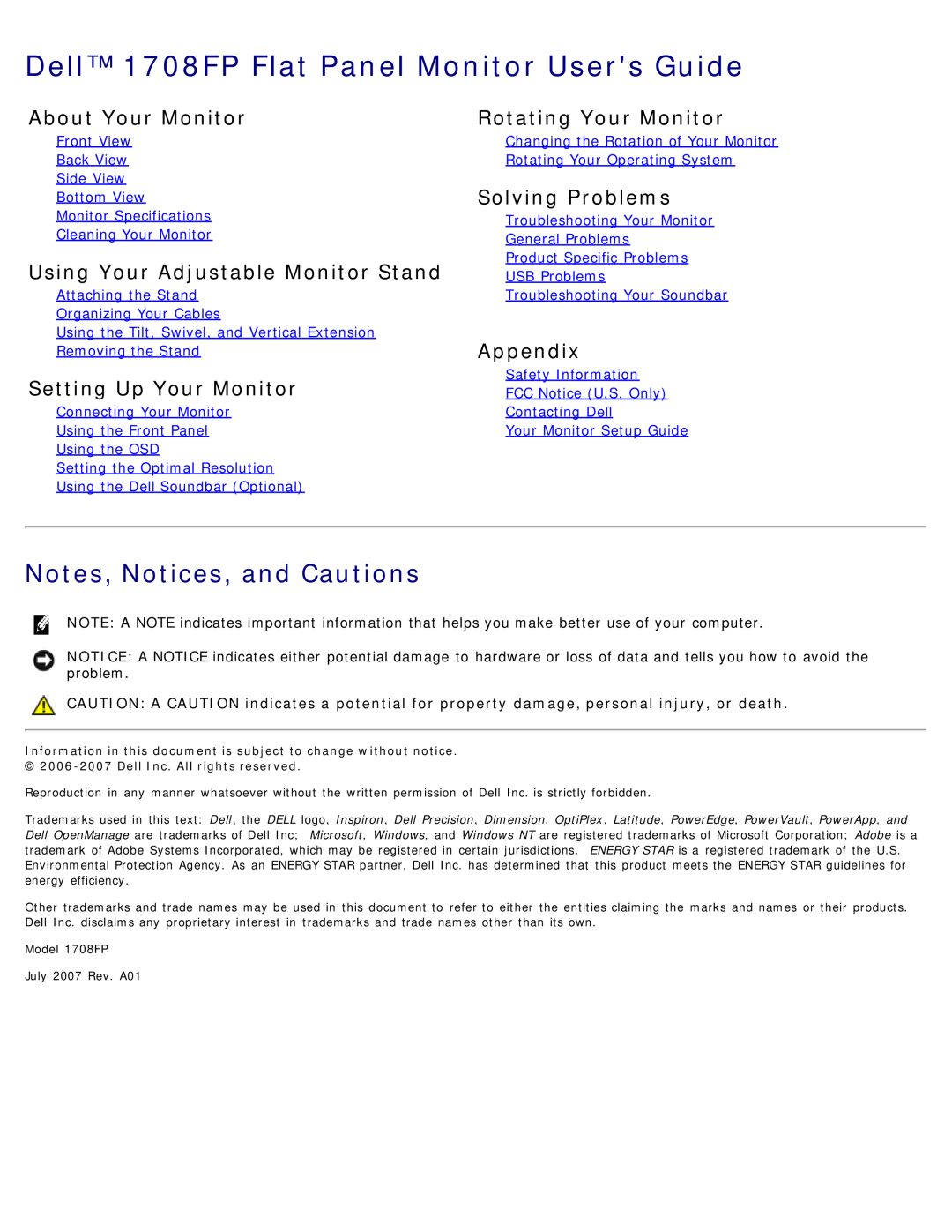 Dell appendix Dell 1708FP Flat Panel Monitor Users Guide, Notes, Notices, and Cautions, About Your Monitor, Appendix 