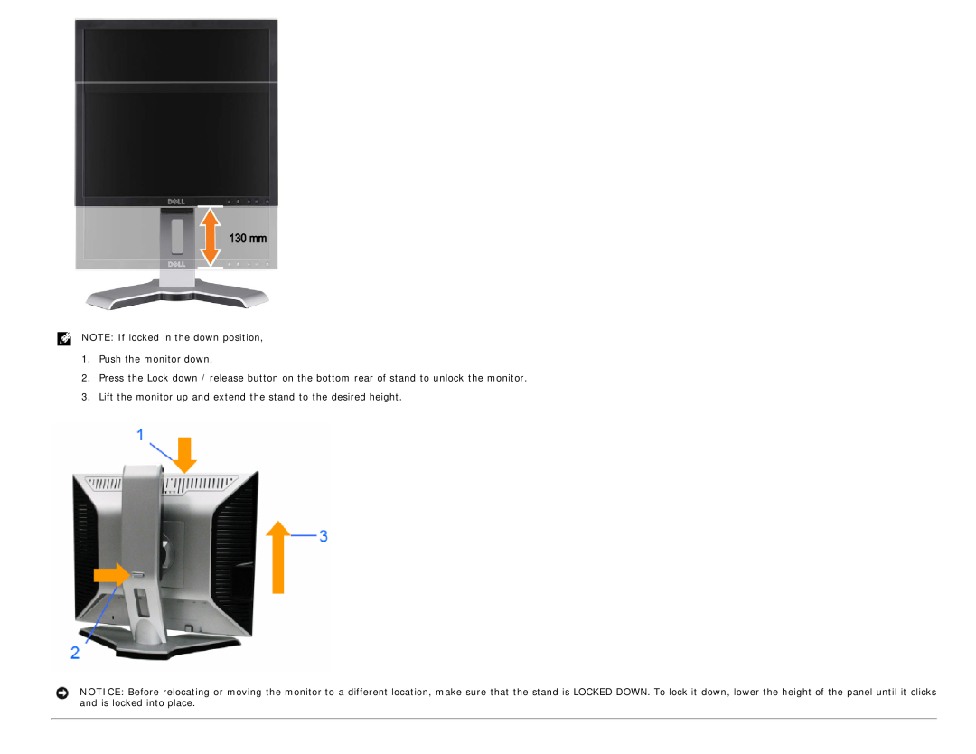Dell 1708FP appendix NOTE If locked in the down position 1. Push the monitor down 