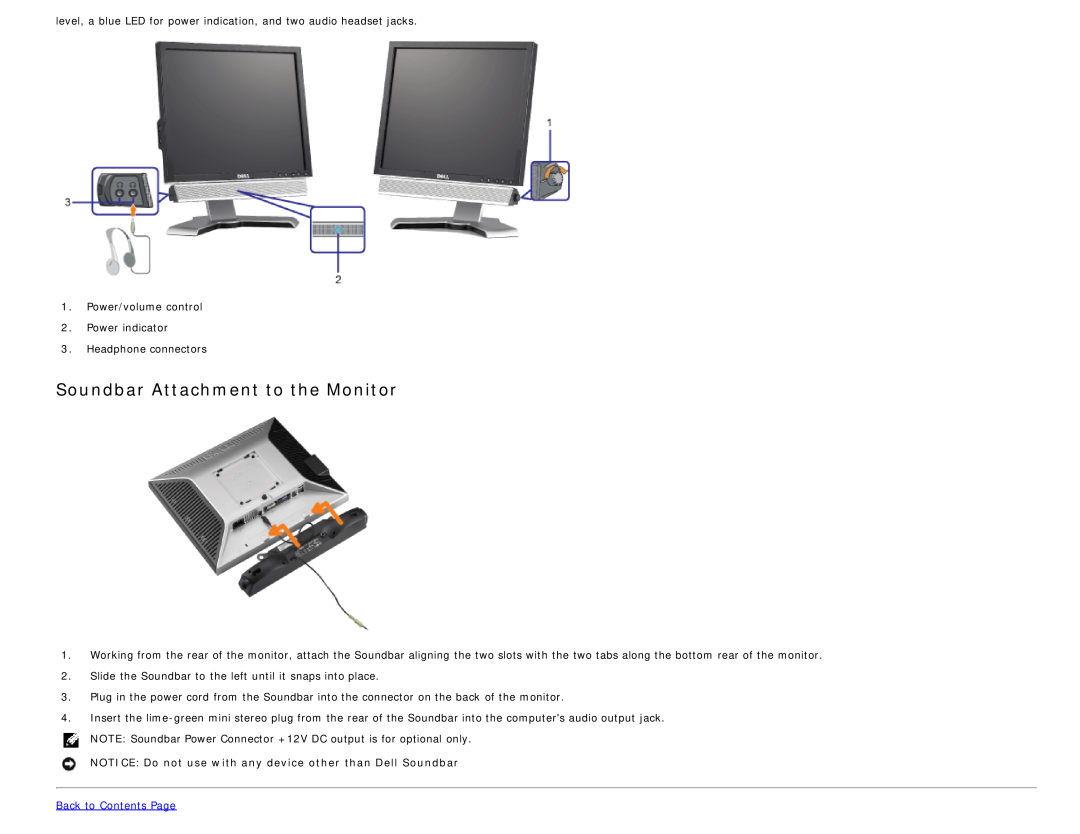 Dell 1708FP appendix Soundbar Attachment to the Monitor, NOTICE Do not use with any device other than Dell Soundbar 