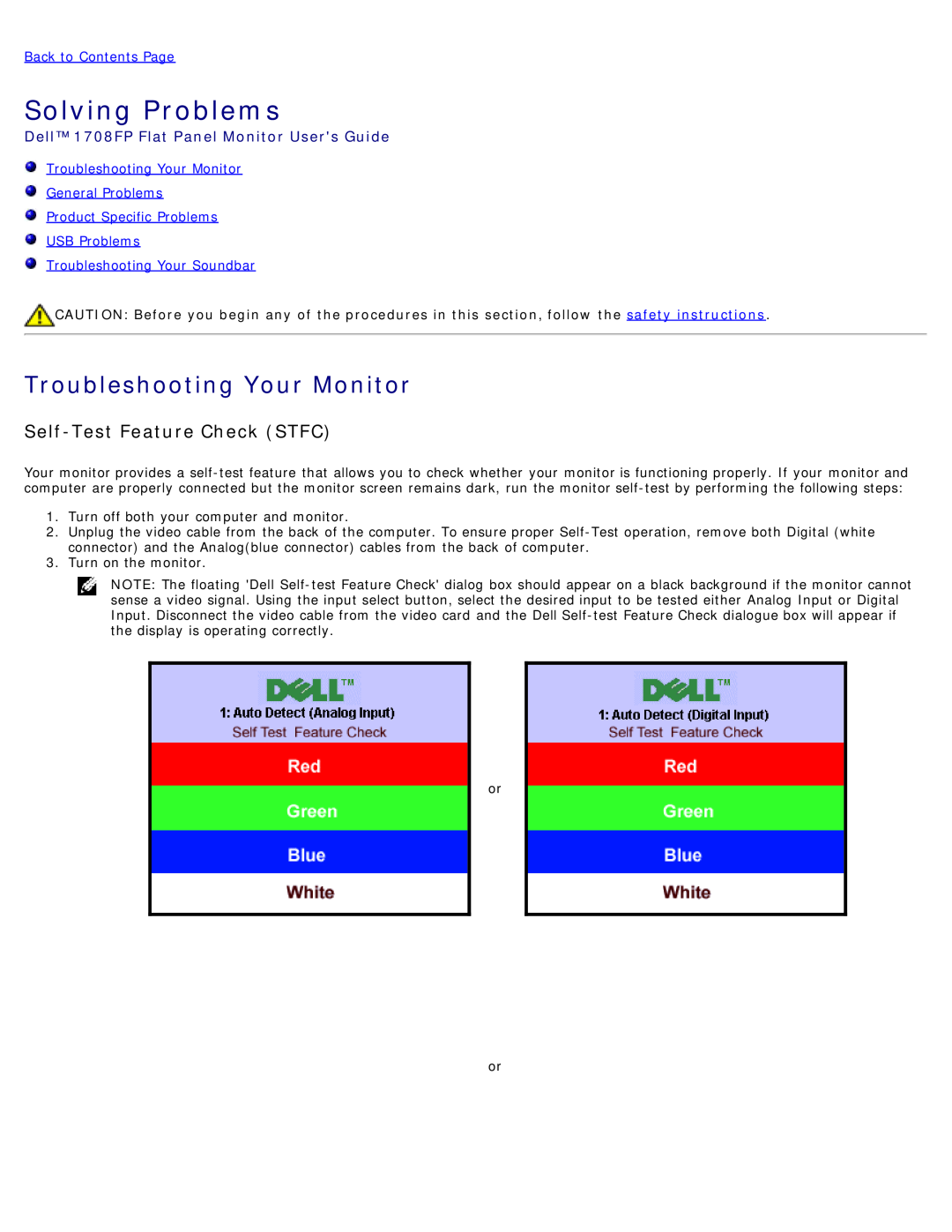 Dell appendix Troubleshooting Your Monitor, Self-Test Feature Check STFC, Dell 1708FP Flat Panel Monitor Users Guide 