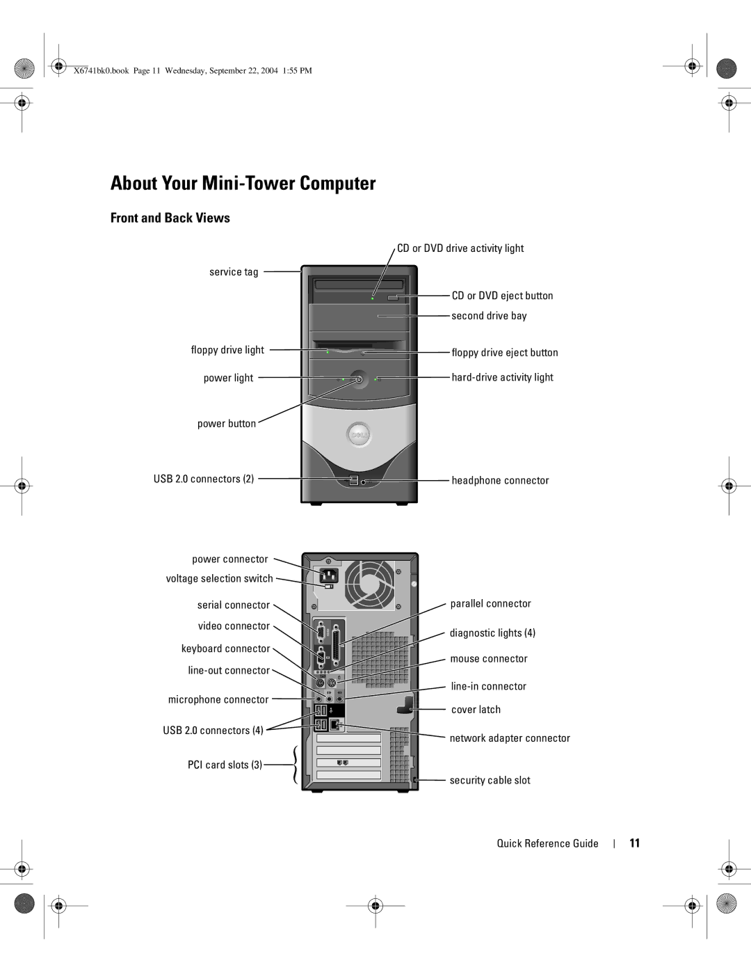 Dell 170L manual About Your Mini-Tower Computer, CD or DVD drive activity light Service tag, Second drive bay, Cover latch 