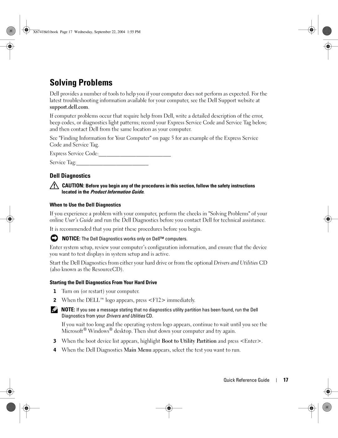 Dell 170L manual Solving Problems, When to Use the Dell Diagnostics, Starting the Dell Diagnostics From Your Hard Drive 