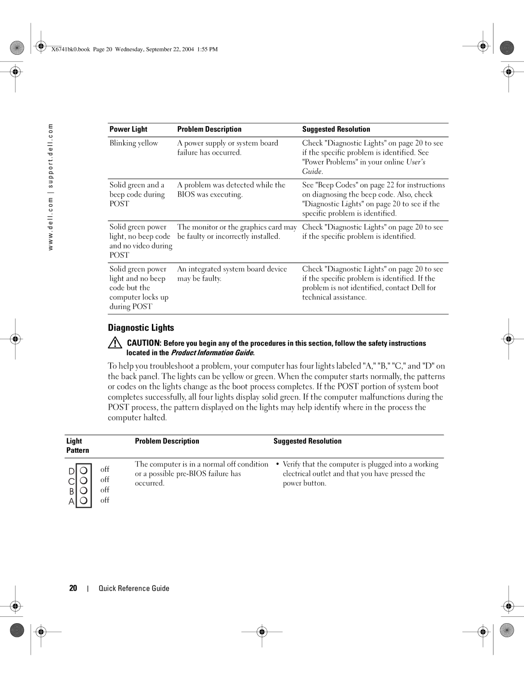 Dell 170L manual Diagnostic Lights, Guide, Light Problem Description Suggested Resolution Pattern, Power button 
