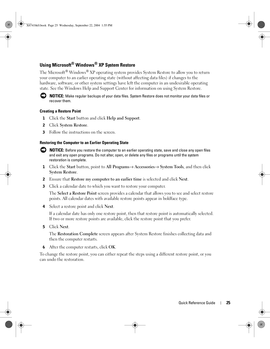 Dell 170L manual Using Microsoft Windows XP System Restore, Creating a Restore Point 