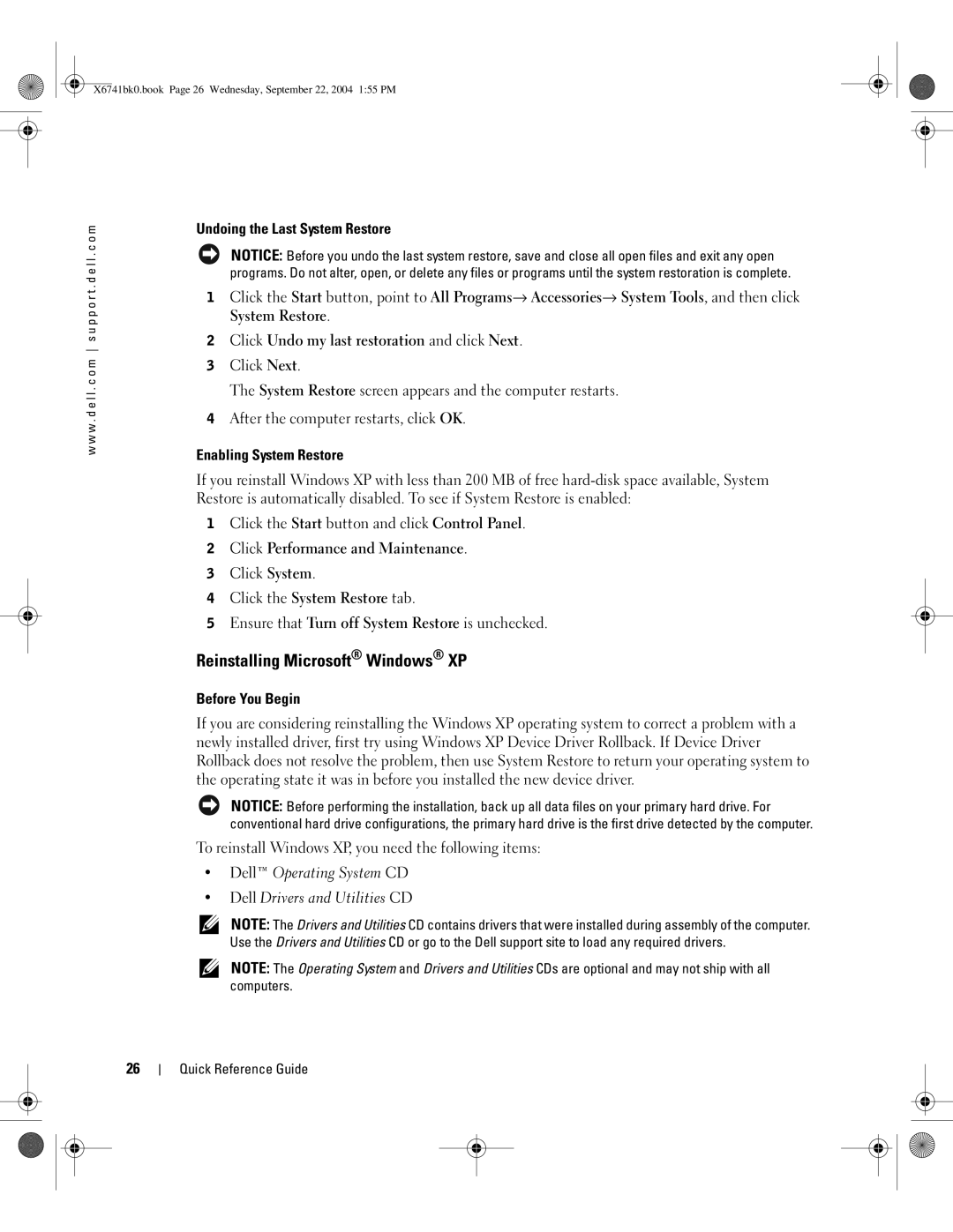 Dell 170L Reinstalling Microsoft Windows XP, Undoing the Last System Restore, Enabling System Restore, Before You Begin 