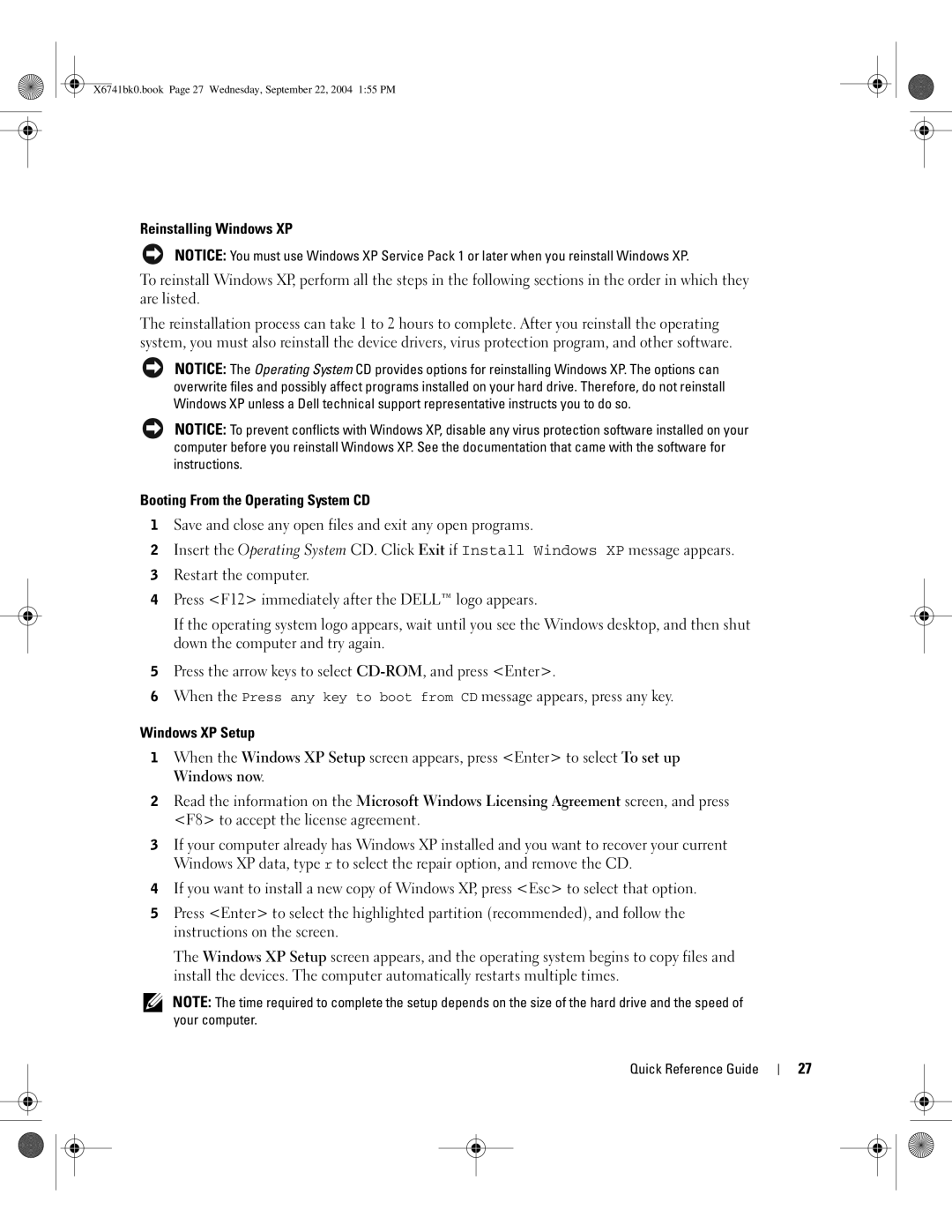 Dell 170L manual Reinstalling Windows XP, Booting From the Operating System CD, Windows XP Setup 