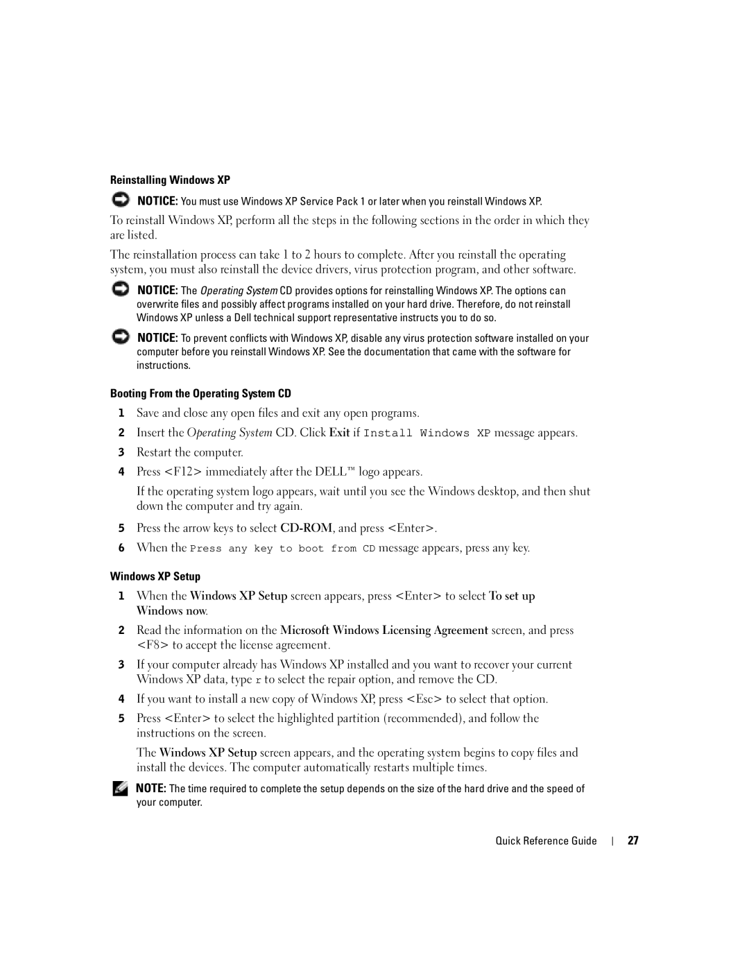 Dell 170L manual Reinstalling Windows XP, Booting From the Operating System CD, Windows XP Setup 