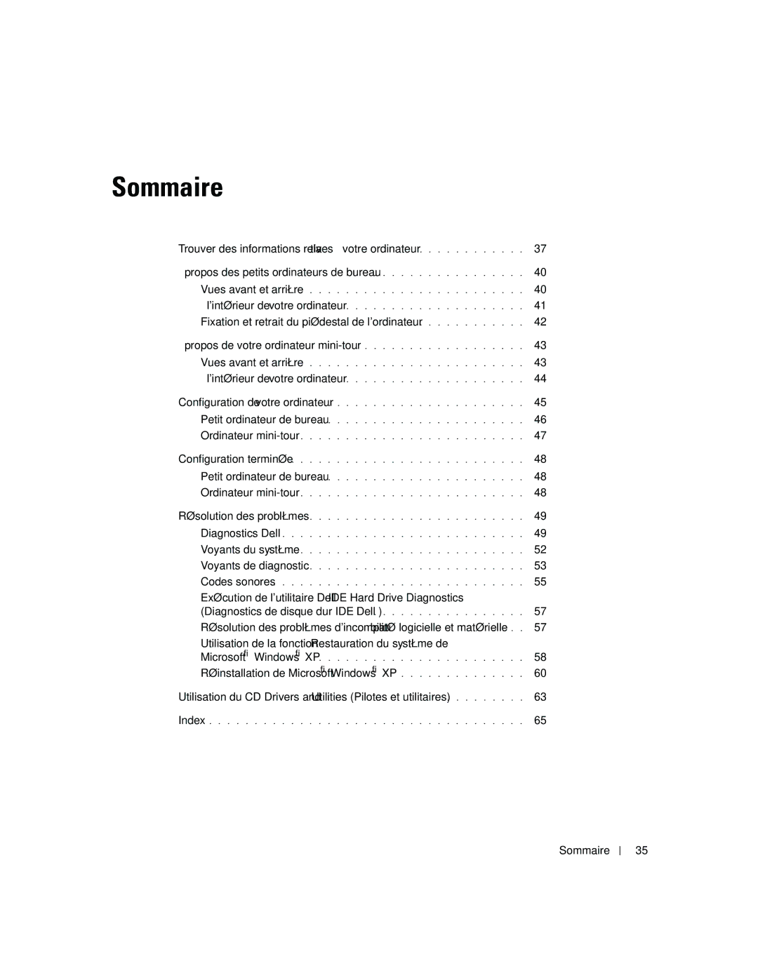 Dell 170L manual Utilisation de la fonction Restauration du système de, Réinstallation de Microsoft Windows XP, Sommaire 