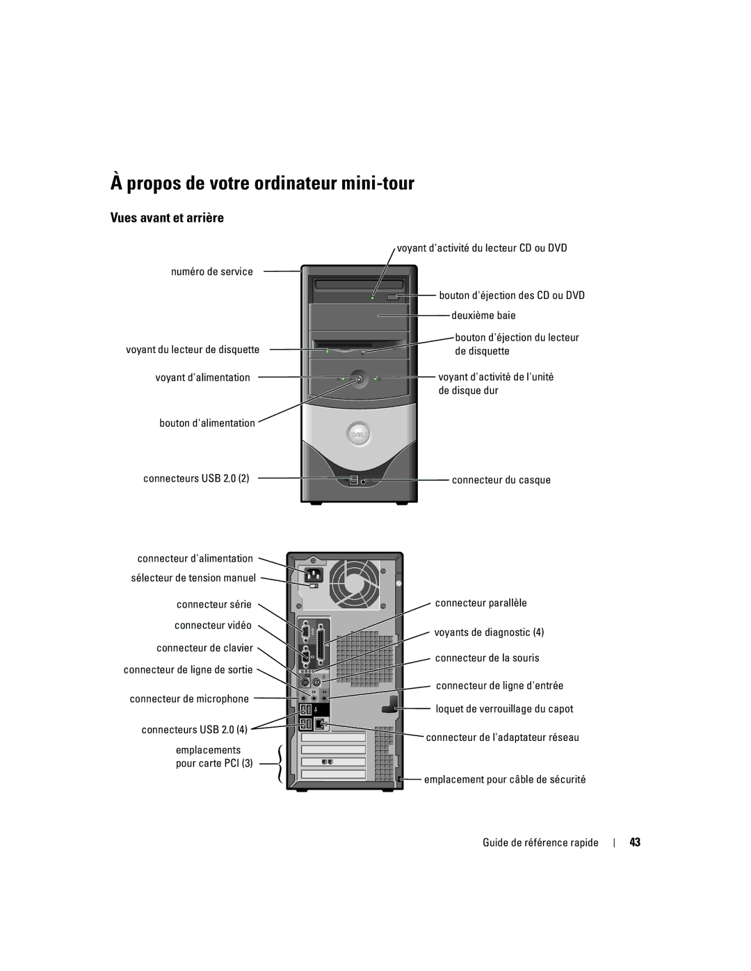 Dell 170L manual Numéro de service, Bouton dalimentation, Bouton déjection des CD ou DVD, Deuxième baie, De disquette 