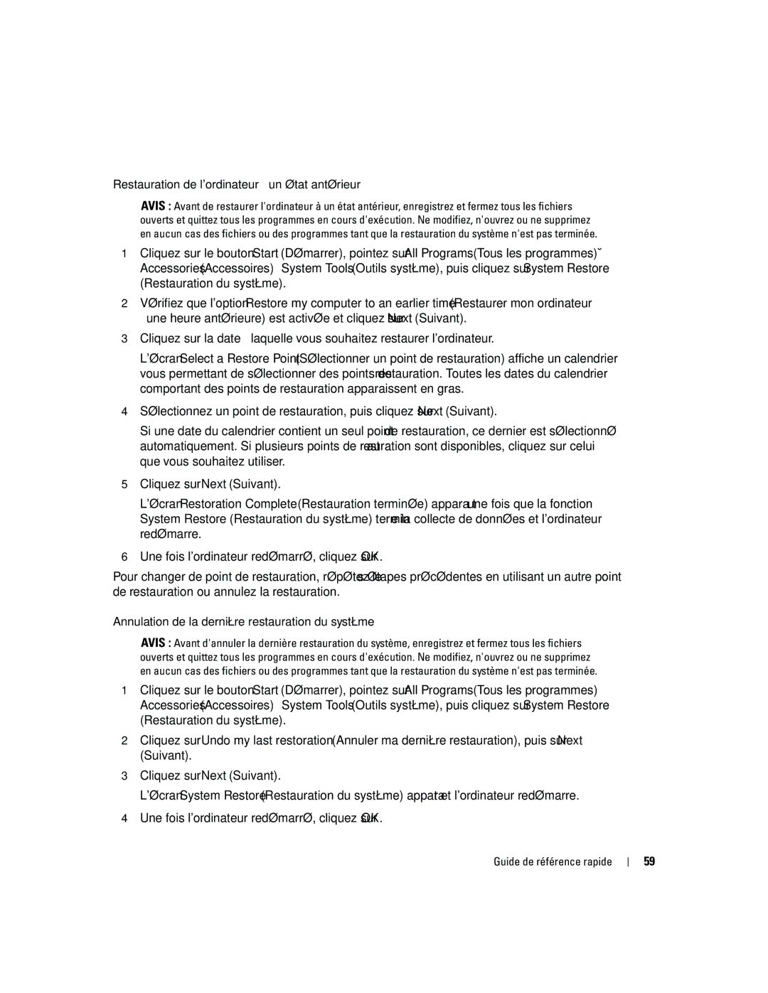 Dell 170L manual Restauration de lordinateur à un état antérieur, Annulation de la dernière restauration du système 