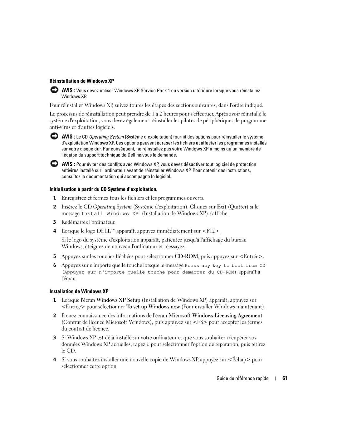 Dell 170L Réinstallation de Windows XP, Initialisation à partir du CD Système dexploitation, Installation de Windows XP 