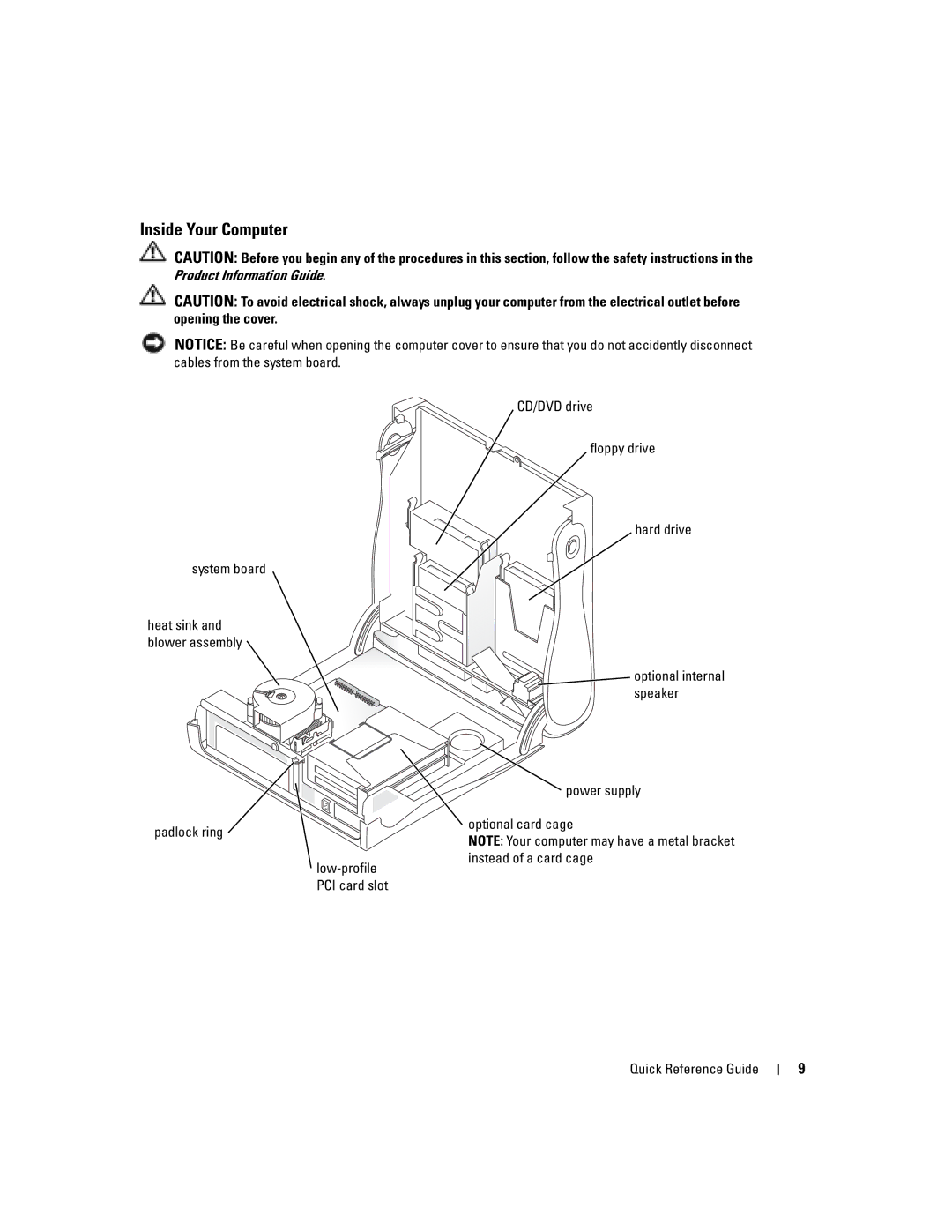 Dell 170L manual Inside Your Computer, System board, Padlock ring CD/DVD drive Floppy drive Hard drive 