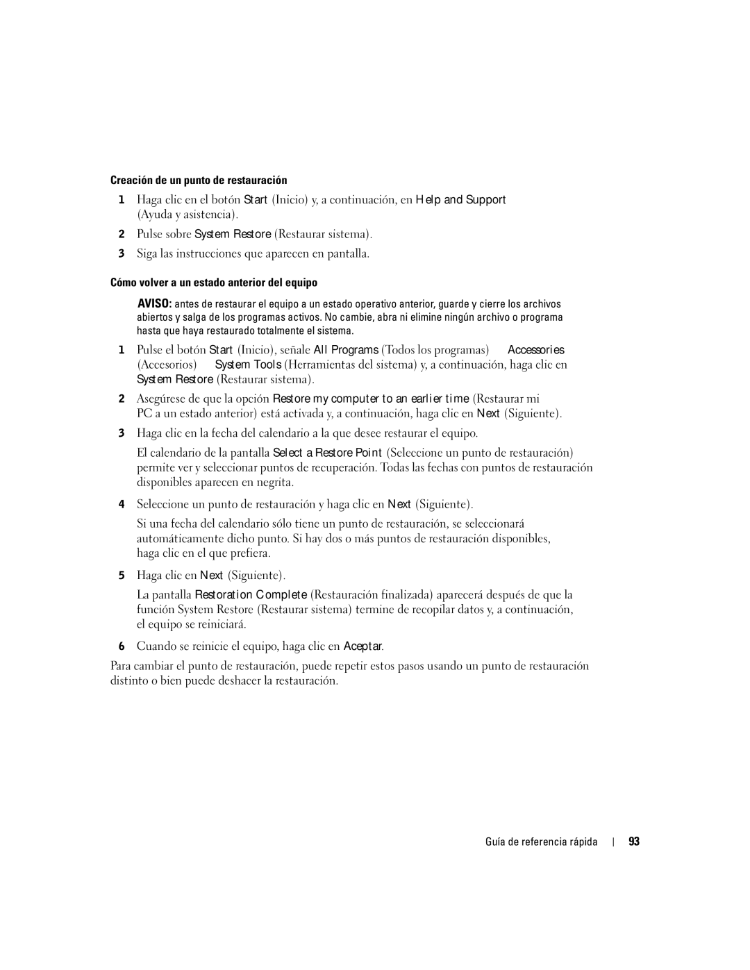 Dell 170L manual Creación de un punto de restauración, Cómo volver a un estado anterior del equipo 