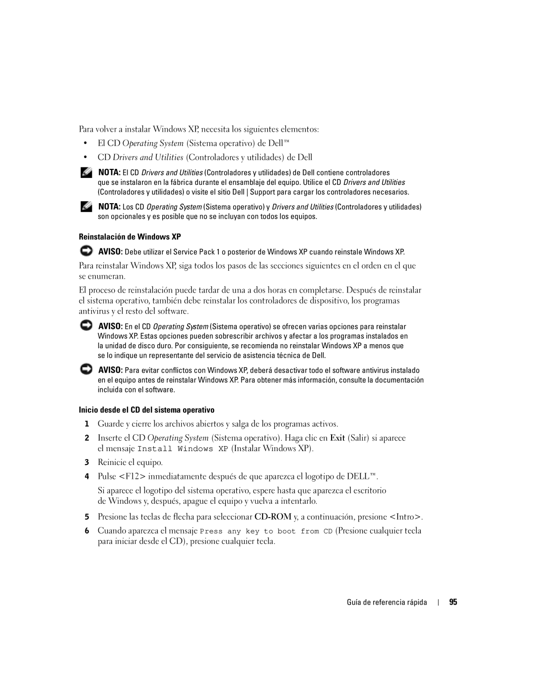 Dell 170L manual Reinstalación de Windows XP, Inicio desde el CD del sistema operativo 