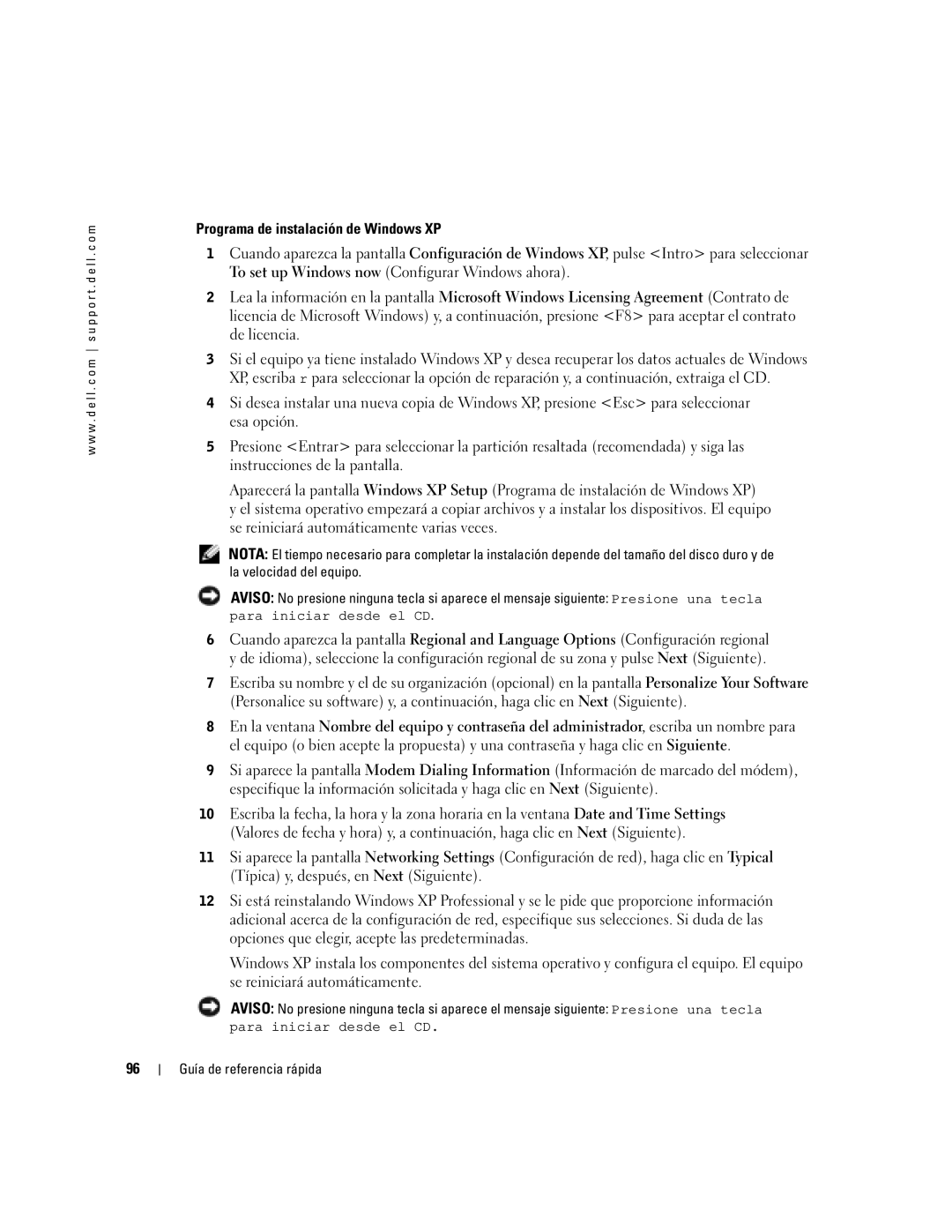 Dell 170L manual Programa de instalación de Windows XP 