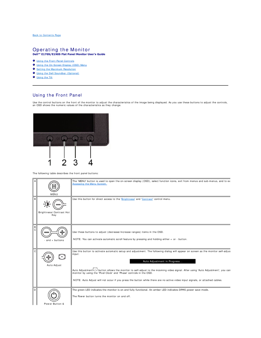 Dell 170S Operating the Monitor, Using the Front Panel, Brightness/Contrast Hot Key + buttons, Auto Adjust, Power Button 