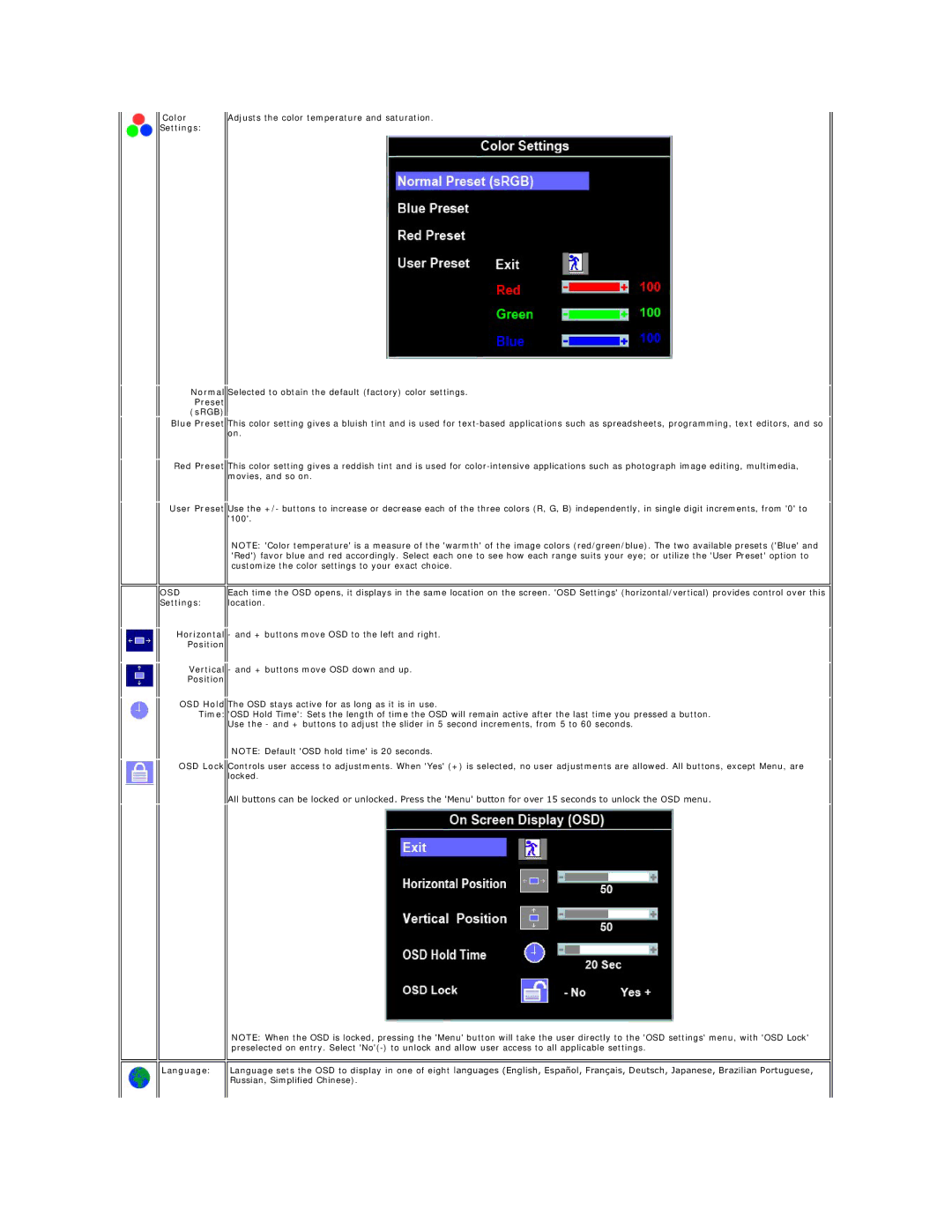 Dell 170S appendix Color Settings, Preset sRGB, Settings Location, Position, Language 