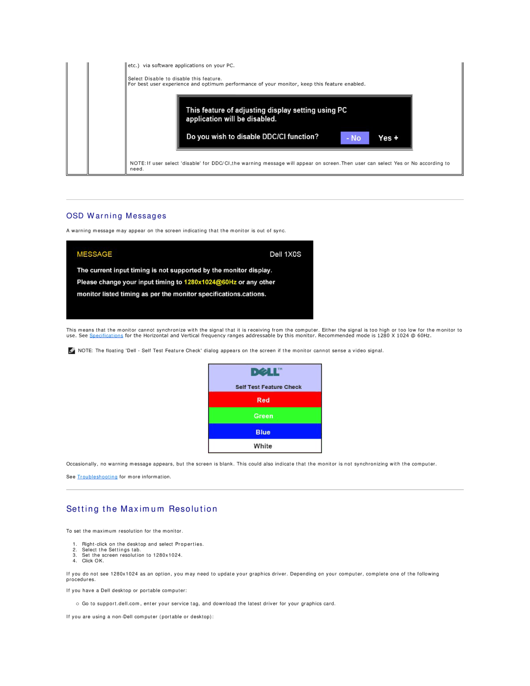 Dell 170S appendix Setting the Maximum Resolution, OSD Warning Messages 