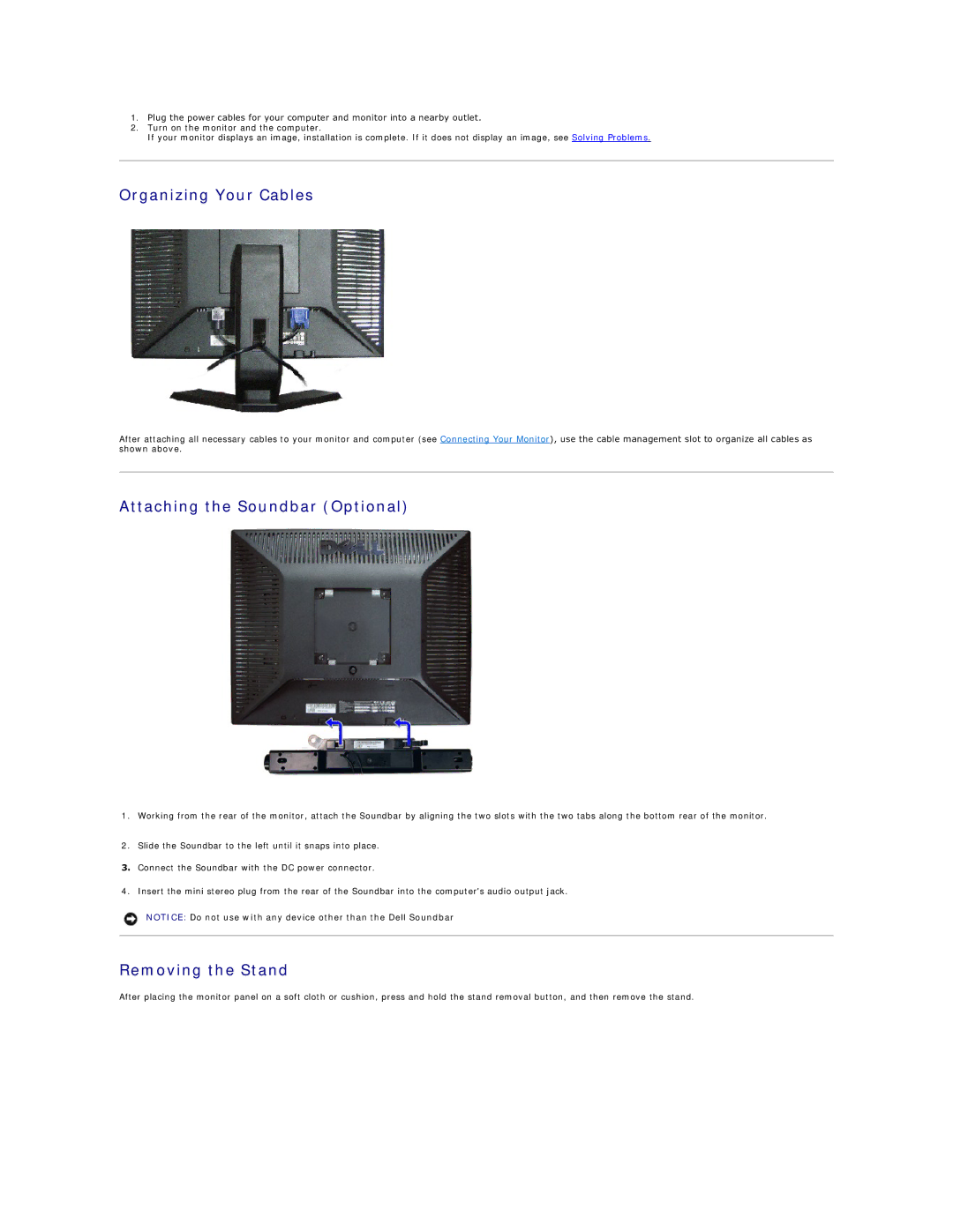 Dell 170S appendix Organizing Your Cables, Attaching the Soundbar Optional, Removing the Stand 