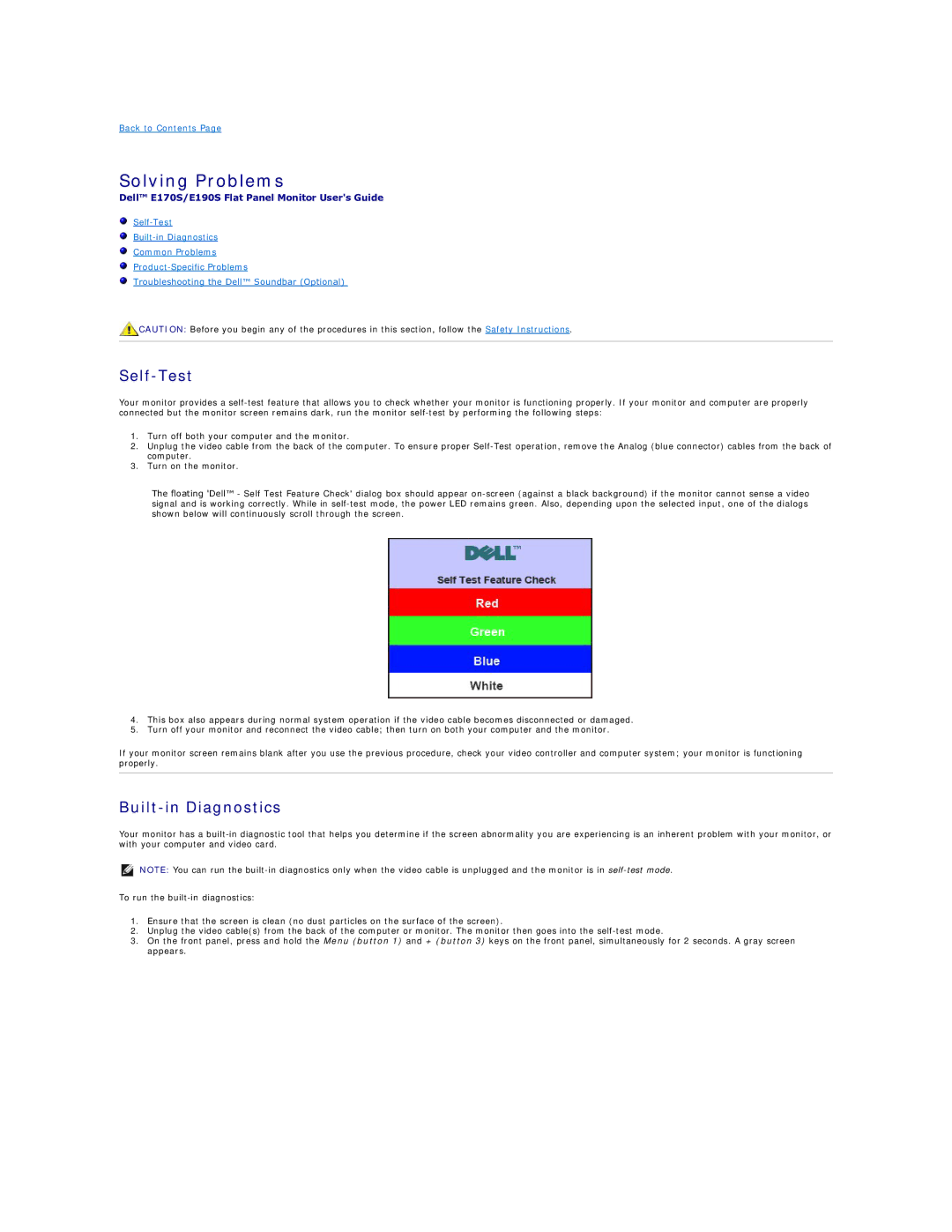 Dell 170S appendix Solving Problems, Self-Test, Built-in Diagnostics 