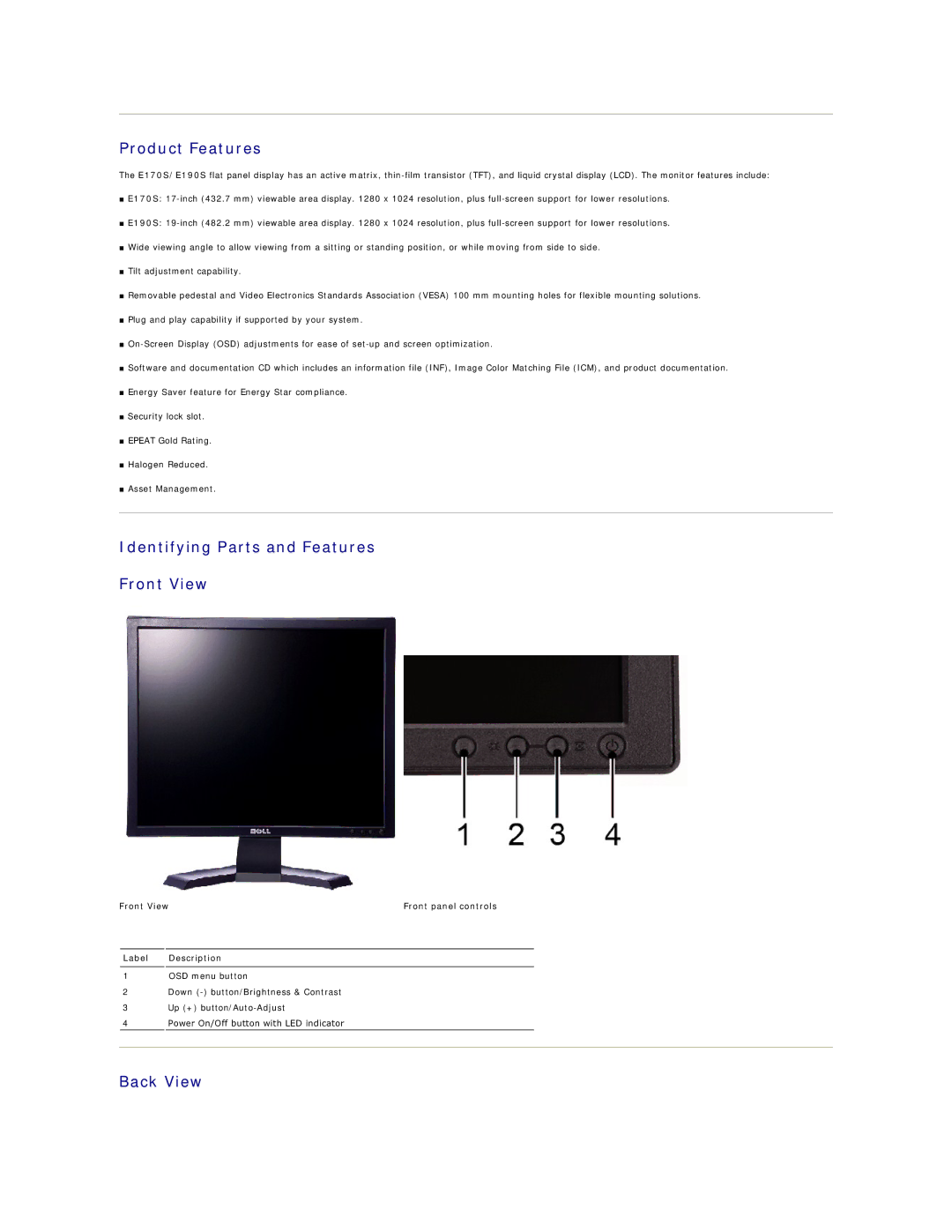 Dell 170S appendix Product Features, Identifying Parts and Features Front View, Back View 