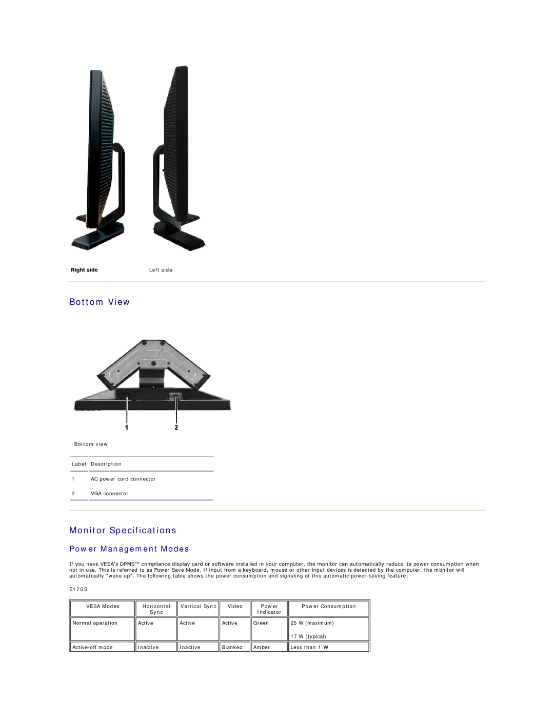 Dell 170S appendix Bottom View, Monitor Specifications, Power Management Modes 