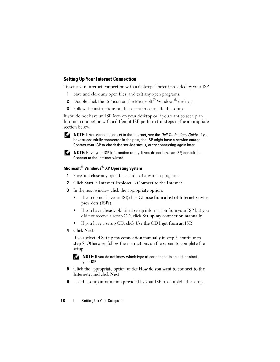 Dell 1710, 1310 manual Setting Up Your Internet Connection, Microsoft Windows XP Operating System 