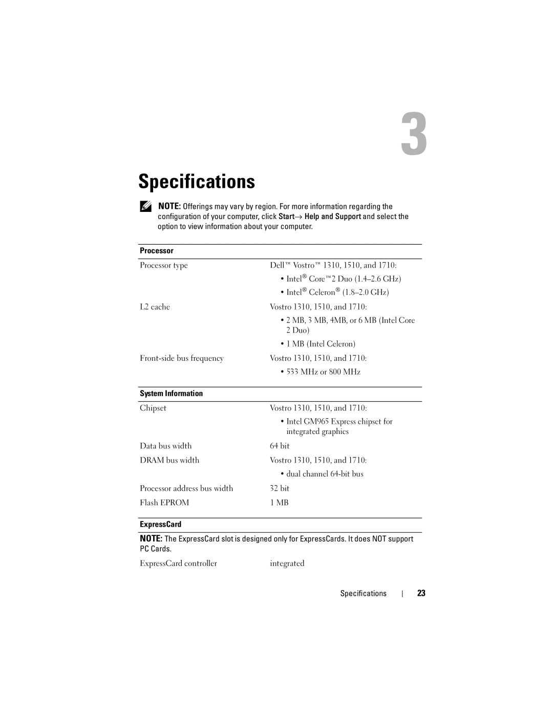 Dell 1310, 1710 manual Specifications 