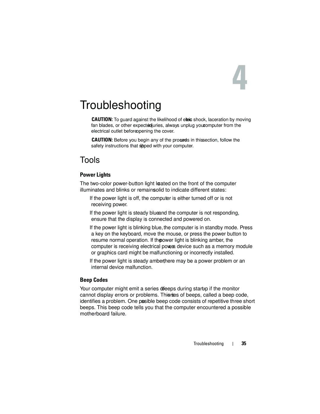 Dell 1310, 1710 manual Troubleshooting, Tools, Power Lights, Beep Codes 