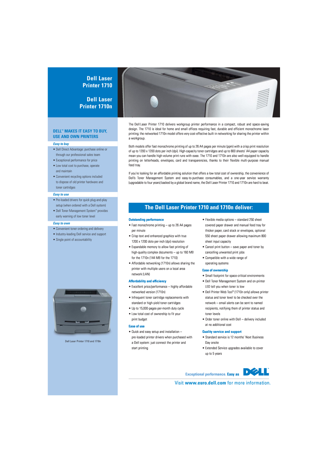 Dell warranty Exceptional performance. Easy as, Dell Laser Printer Dell Laser Printer 1710n, Easy to buy, Easy to use 