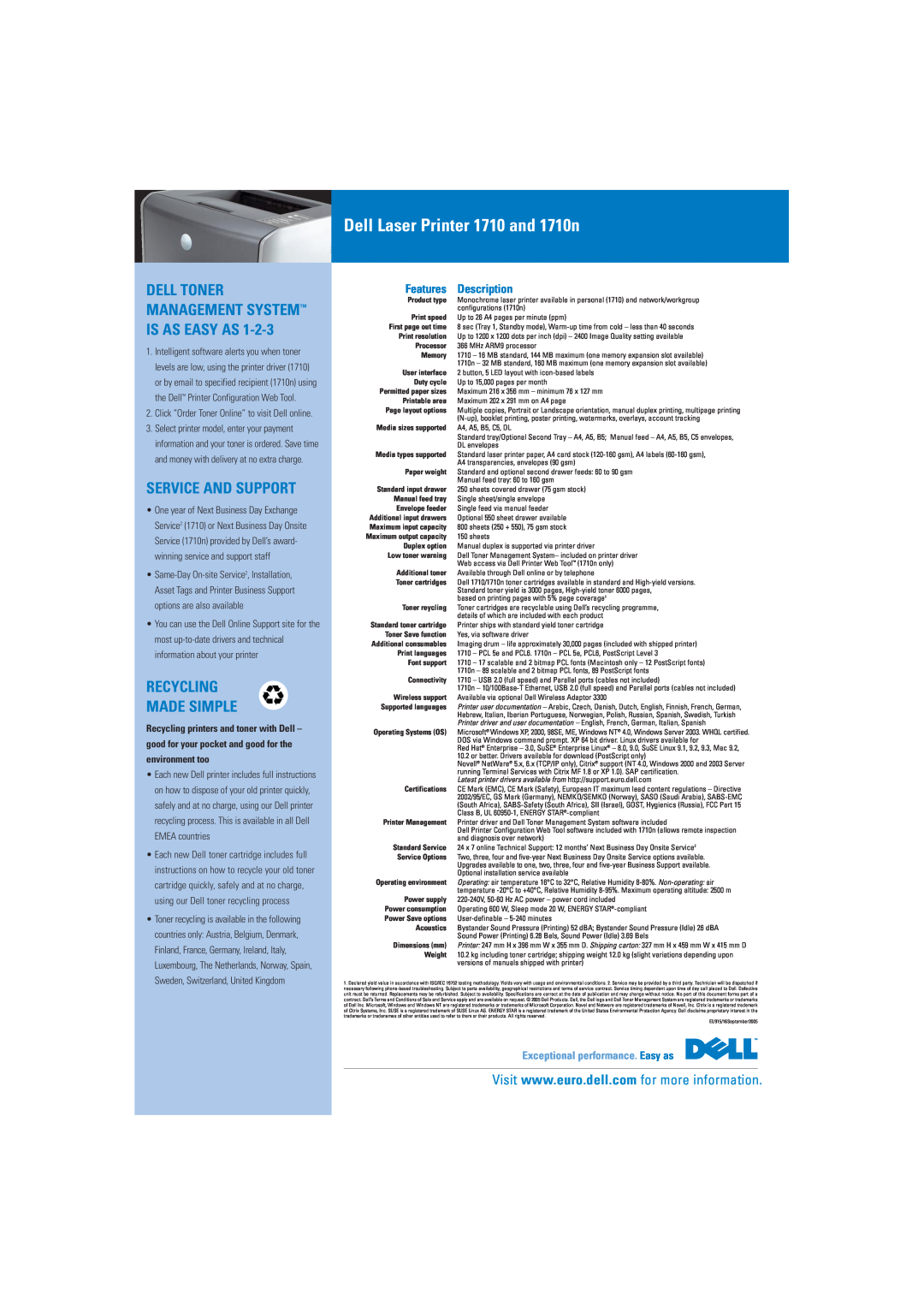 Dell warranty Dell Laser Printer 1710 and 1710n, Service And Support, Recycling Made Simple, Features, Description 
