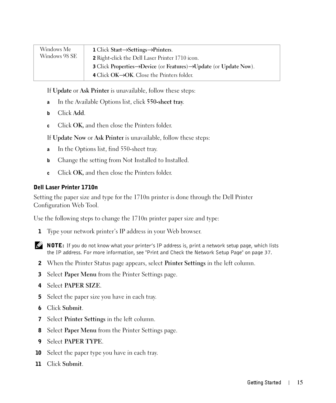 Dell owner manual Dell Laser Printer 1710n, Click Properties→Device or Features→Update or Update Now 