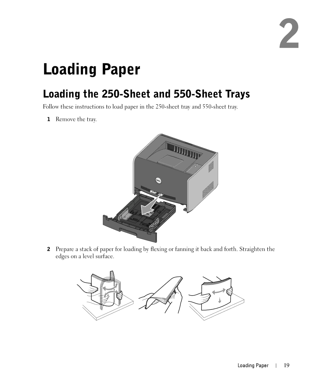 Dell 1710n owner manual Loading Paper, Loading the 250-Sheet and 550-Sheet Trays 