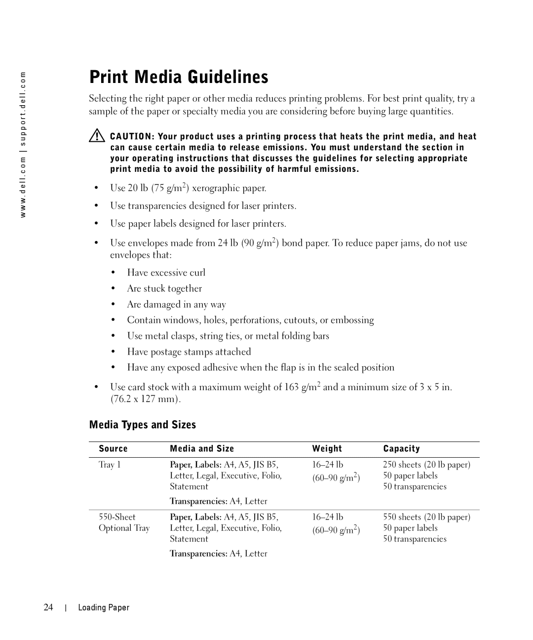 Dell 1710n Print Media Guidelines, Media Types and Sizes, Paper, Labels A4, A5, JIS B5, Transparencies A4, Letter 