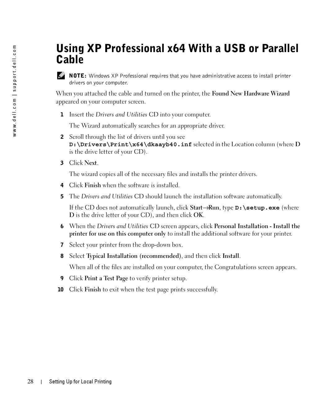 Dell 1710n owner manual Using XP Professional x64 With a USB or Parallel Cable 