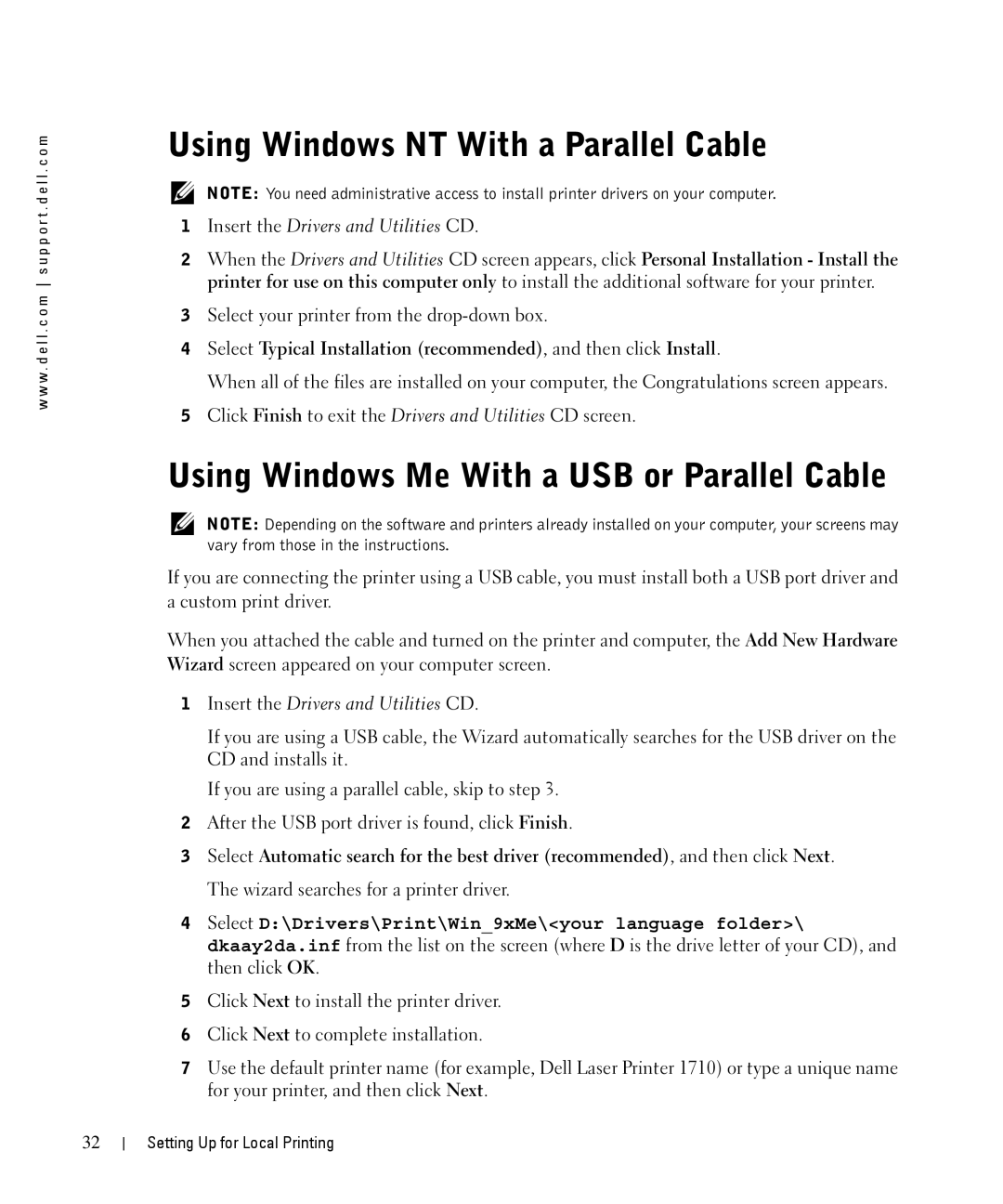 Dell 1710n owner manual Using Windows NT With a Parallel Cable, Using Windows Me With a USB or Parallel Cable 