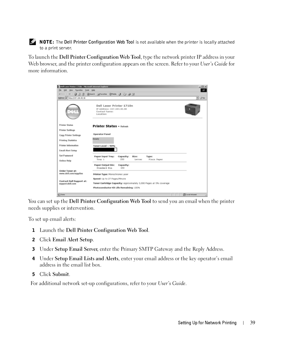 Dell 1710n owner manual Setting Up for Network Printing 