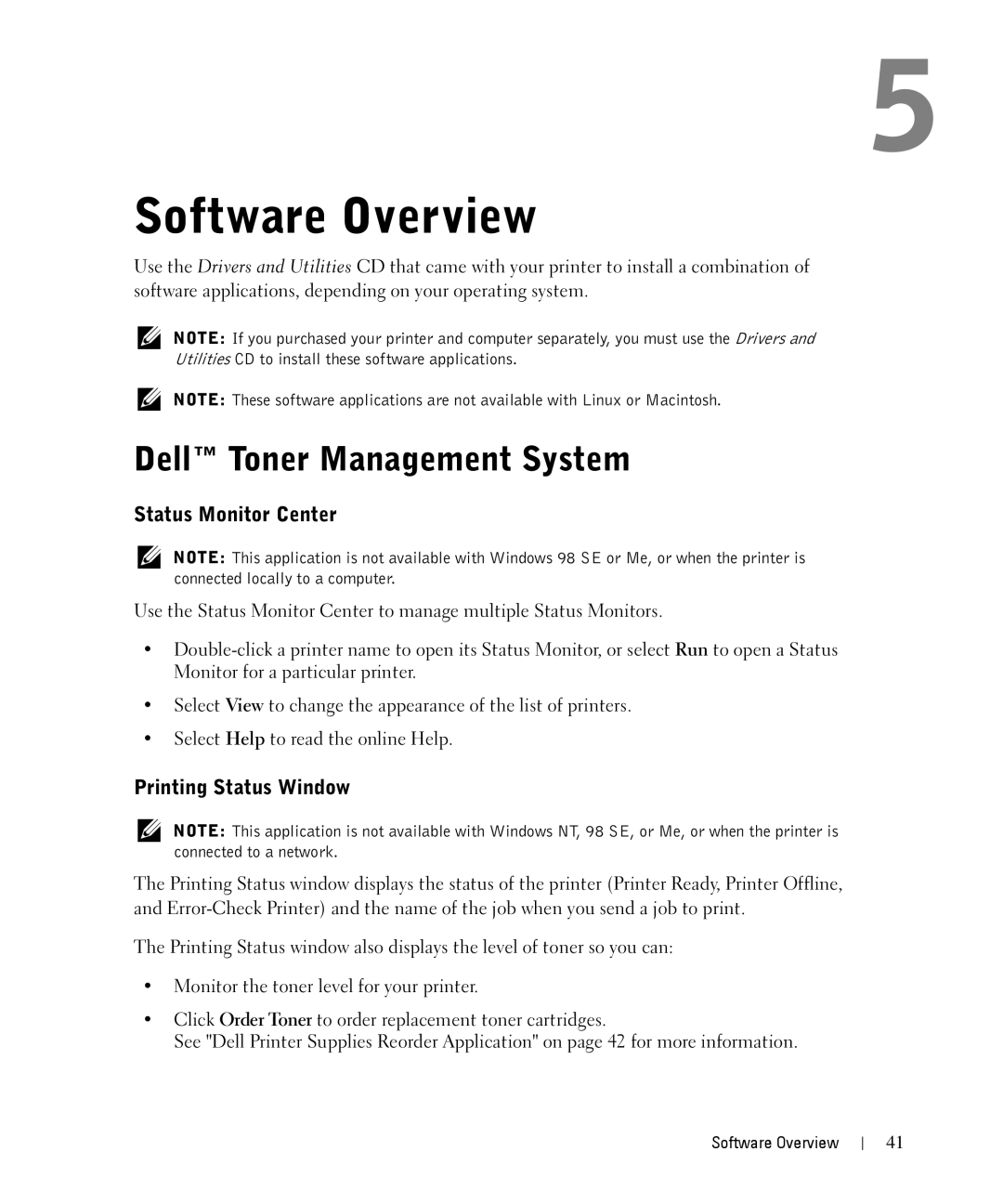 Dell 1710n owner manual Software Overview, Dell Toner Management System, Status Monitor Center, Printing Status Window 