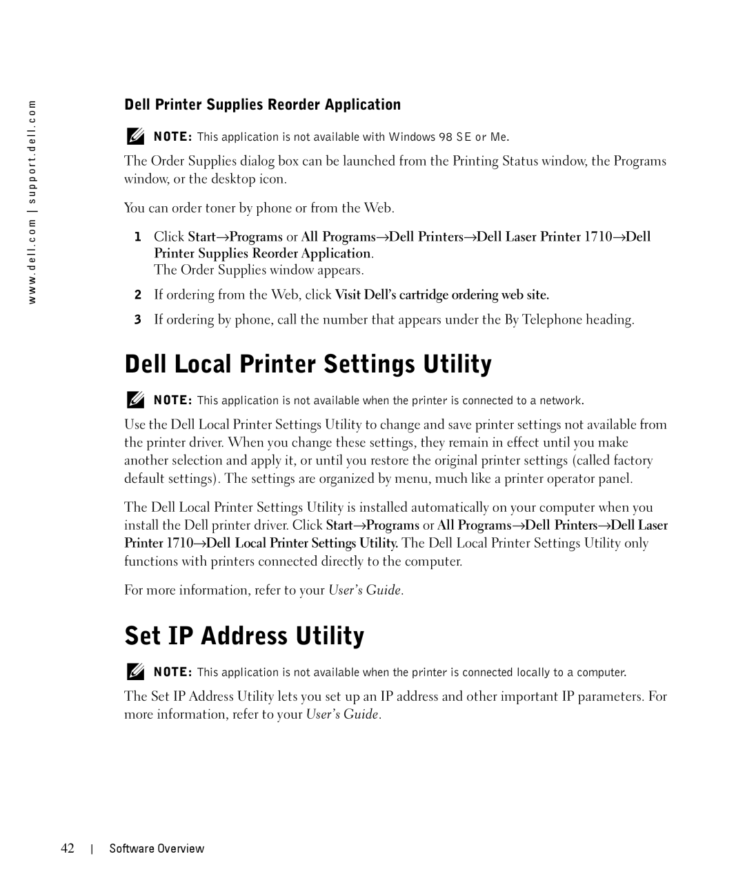 Dell 1710n Dell Local Printer Settings Utility, Set IP Address Utility, Dell Printer Supplies Reorder Application 