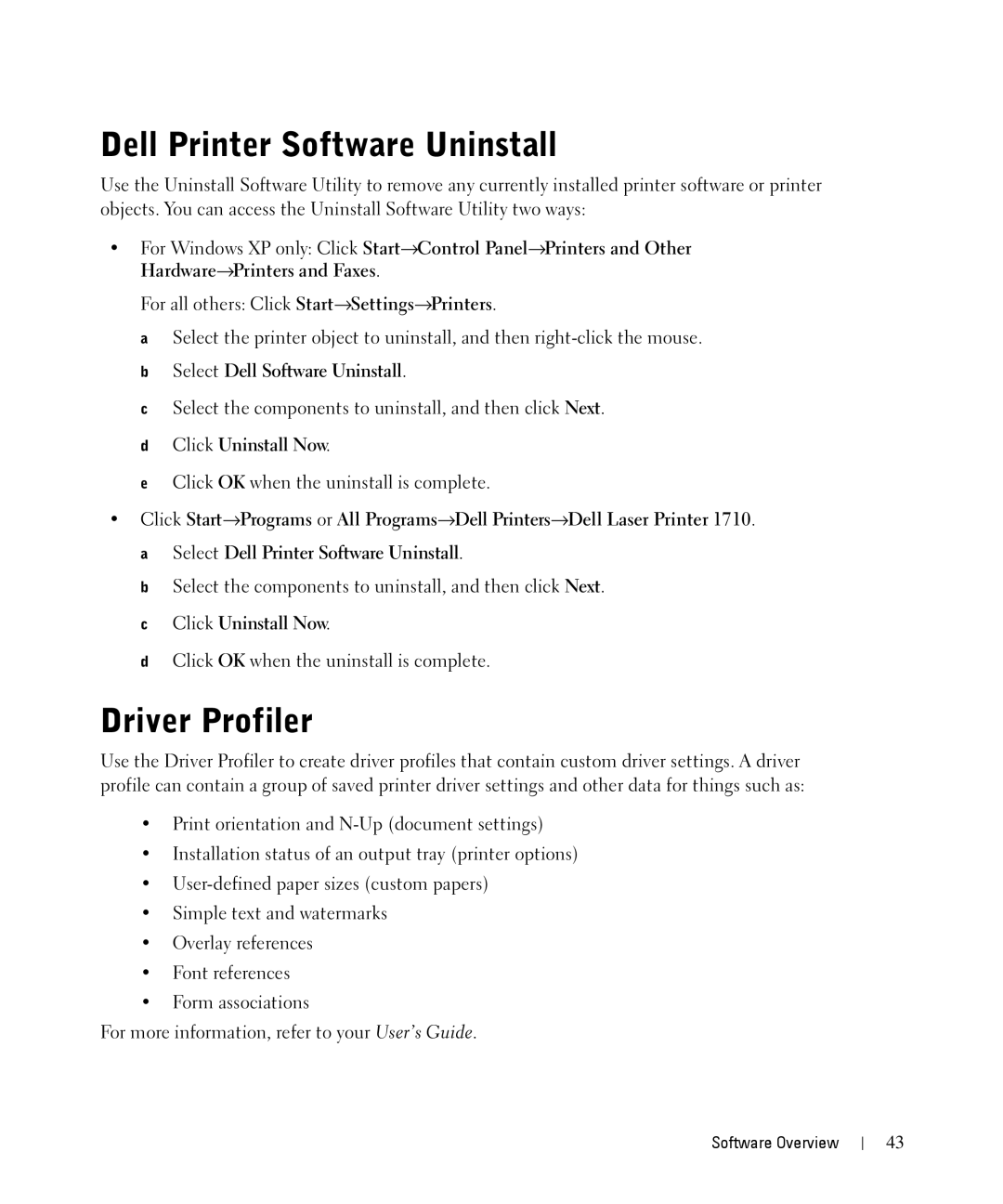 Dell 1710n owner manual Dell Printer Software Uninstall, Driver Profiler 