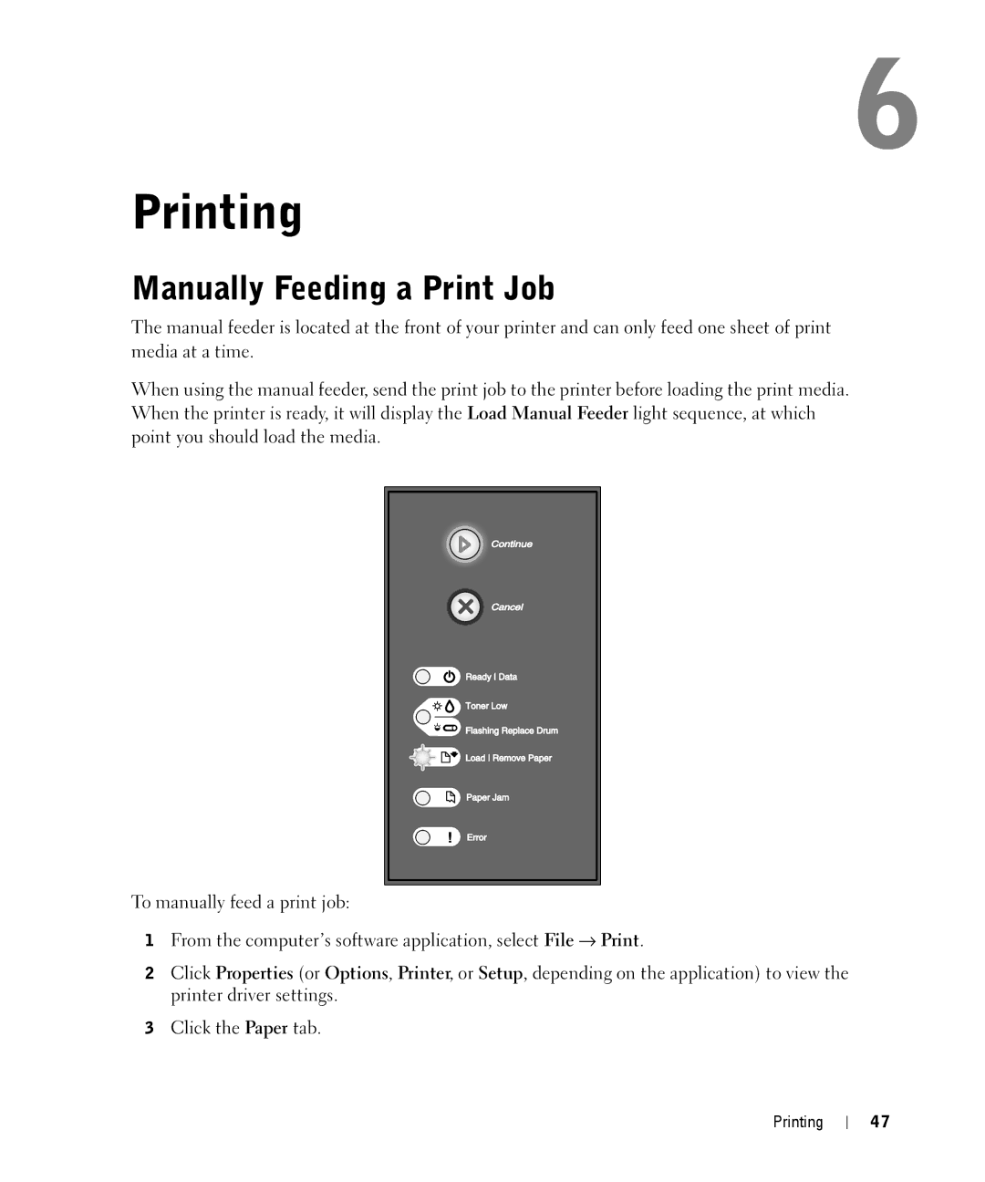 Dell 1710n owner manual Printing, Manually Feeding a Print Job 