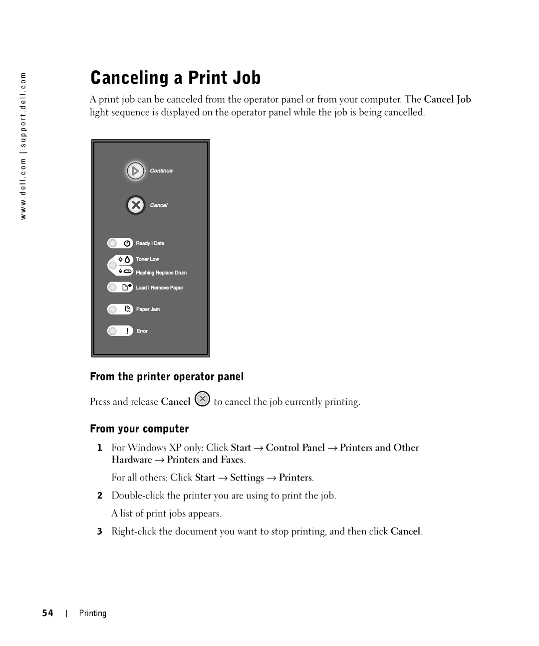 Dell 1710n owner manual Canceling a Print Job, From the printer operator panel, From your computer 