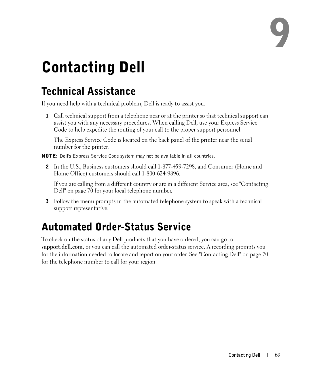 Dell 1710n owner manual Contacting Dell, Technical Assistance, Automated Order-Status Service 