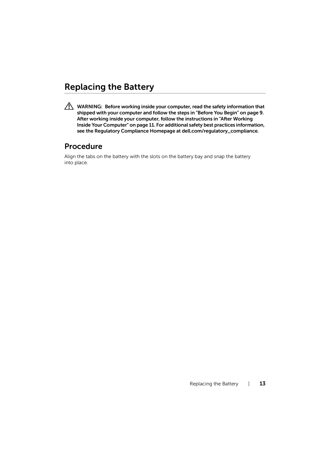 Dell 17/17R manual Replacing the Battery 